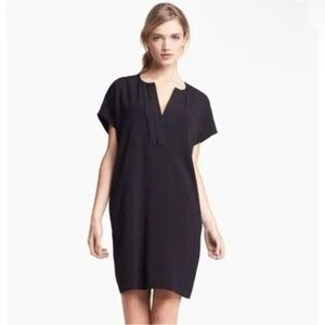 Vince‎ Pleat Front Black Mini Dress Crepe Popover Viscose Silk Dress LBD Medium